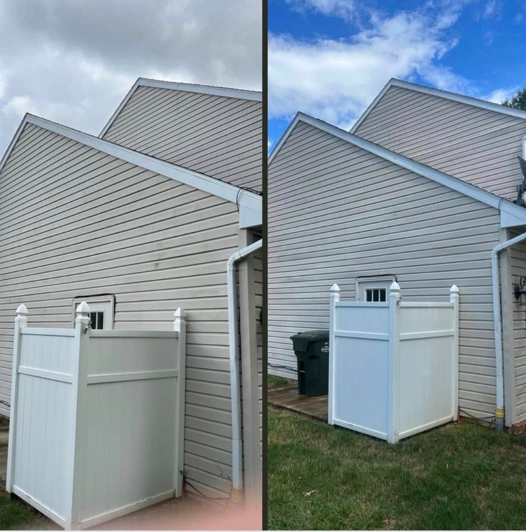 A before and after picture of a house with a white fence.