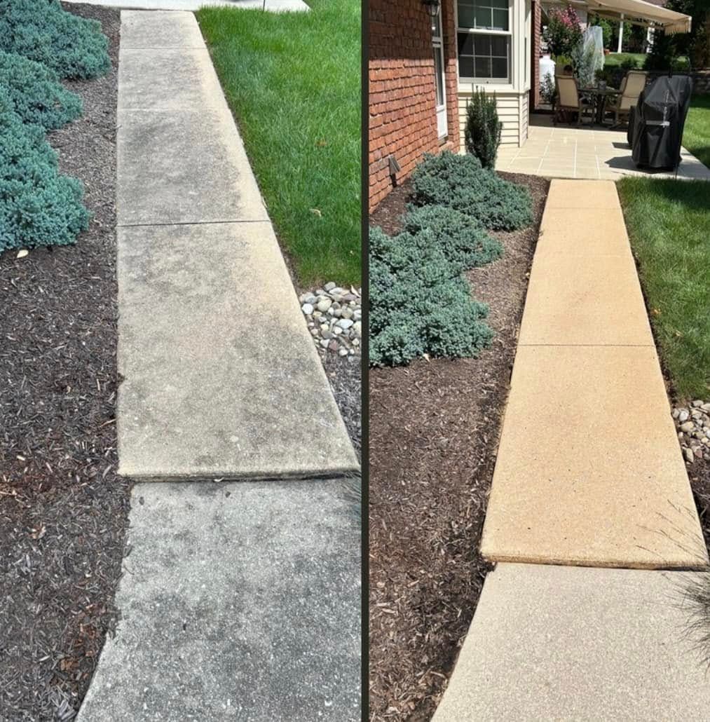 A before and after picture of a sidewalk in front of a house.
