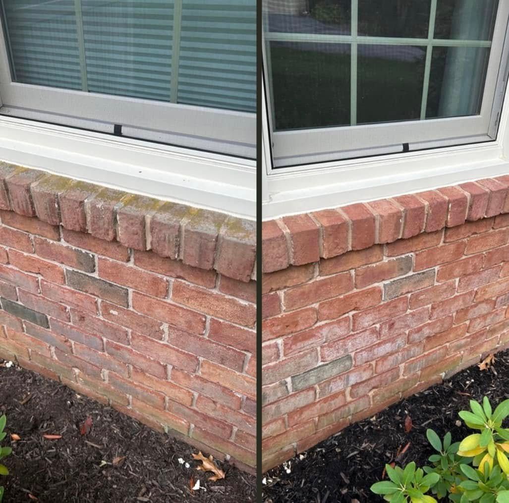 A before and after picture of a brick wall next to a window.