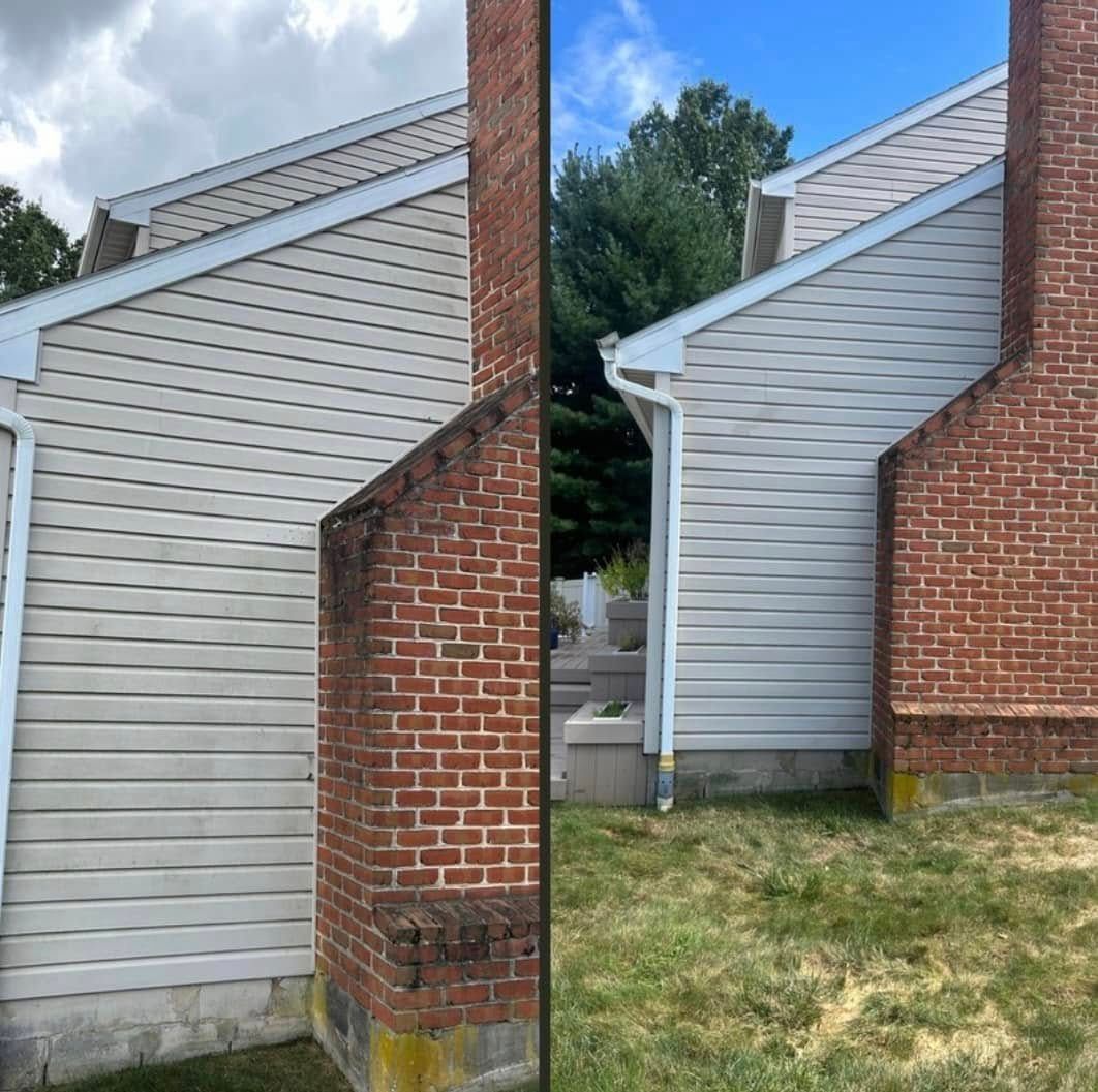 A before and after picture of a house with a brick chimney.