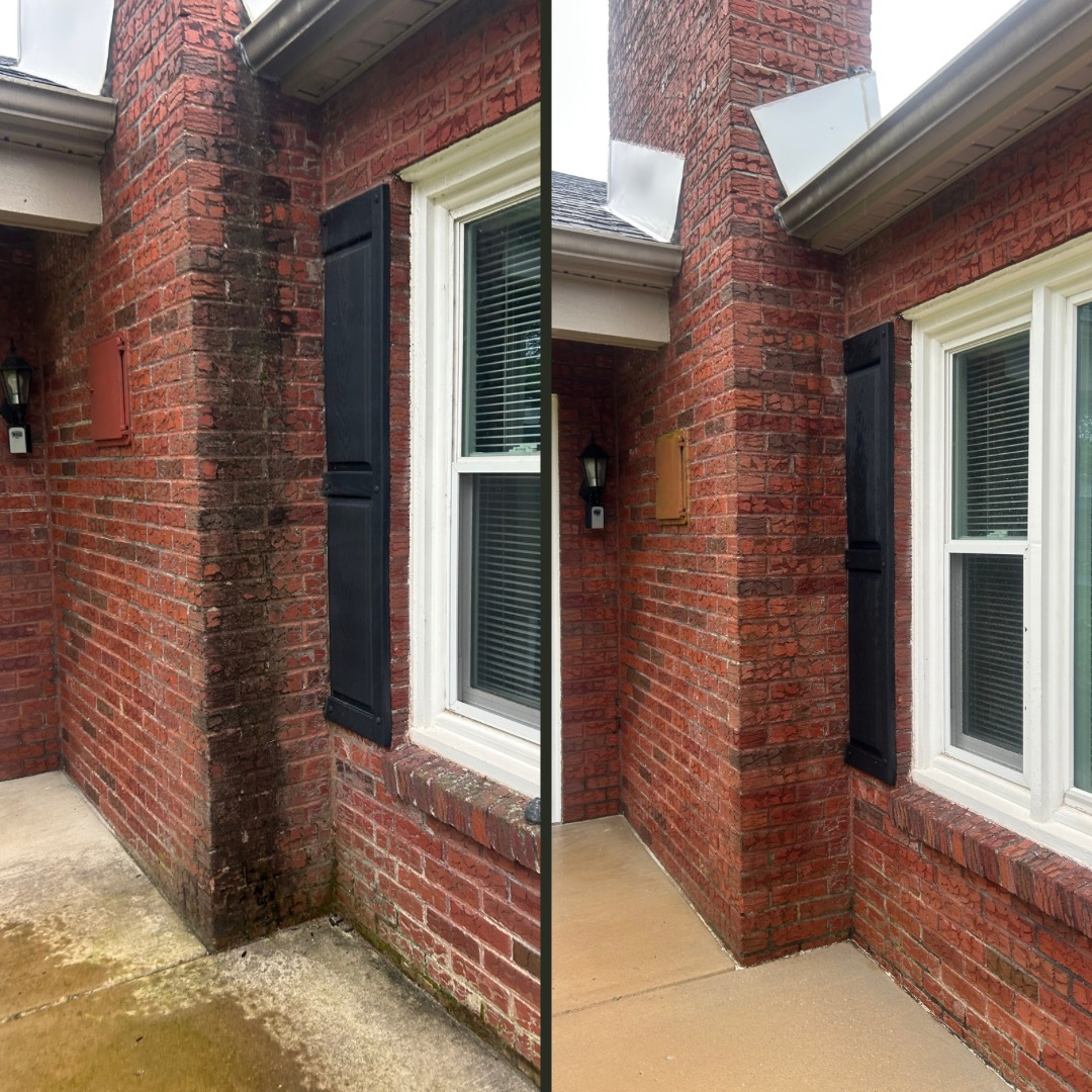 A before and after picture of a brick house with white windows and black shutters.