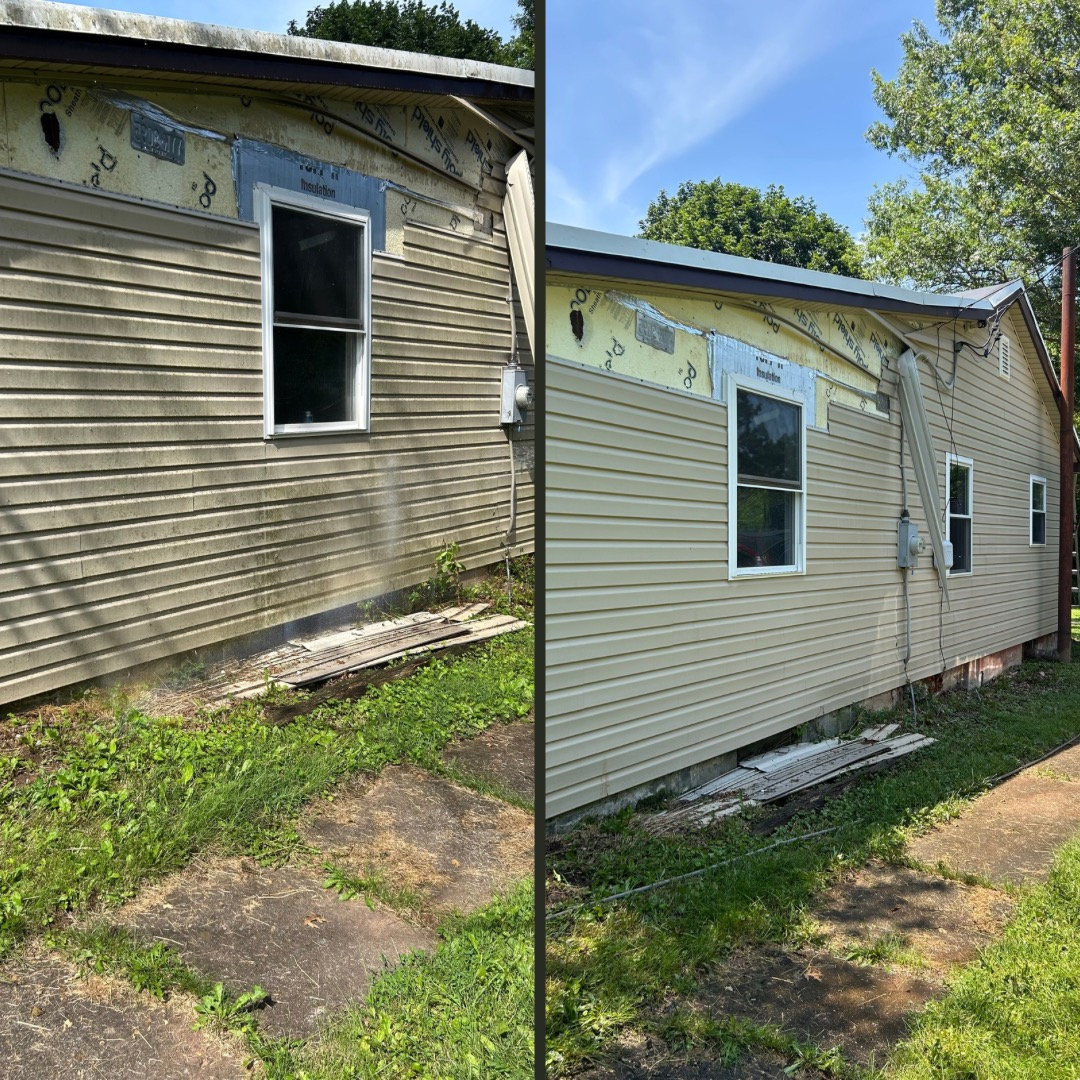 A before and after picture of a house with siding and windows.