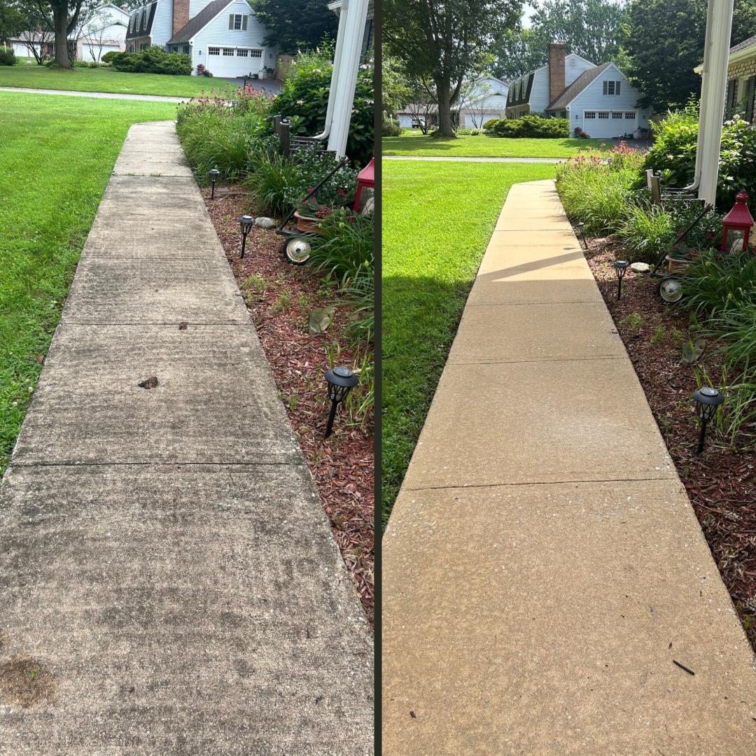 A before and after photo of a concrete walkway.