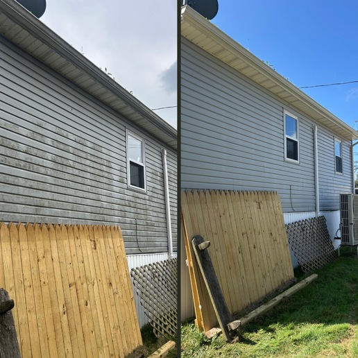 Before and after of a house washing. Gray siding with noticeable dirt is cleaned to reveal a brighter appearance.