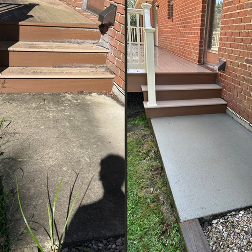 Before and after of a concrete patio and steps replaced with composite decking. Brick wall and yard visible.
