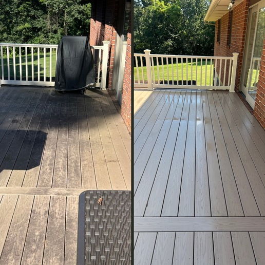 Before and after of a deck cleaning. Before: weathered wood. After: clean, light gray deck.