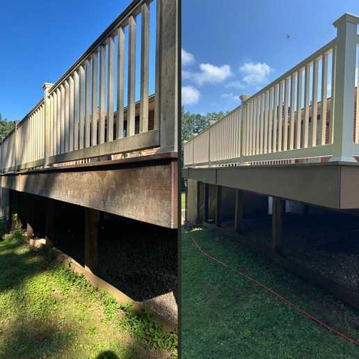 Before and after shot of a wooden deck, cleaned and restored. The deck is light beige, with a green lawn and blue sky.