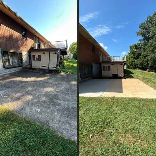 Before-and-after of a building with a stained concrete pad that has been cleaned, surrounded by grass and a clear sky.