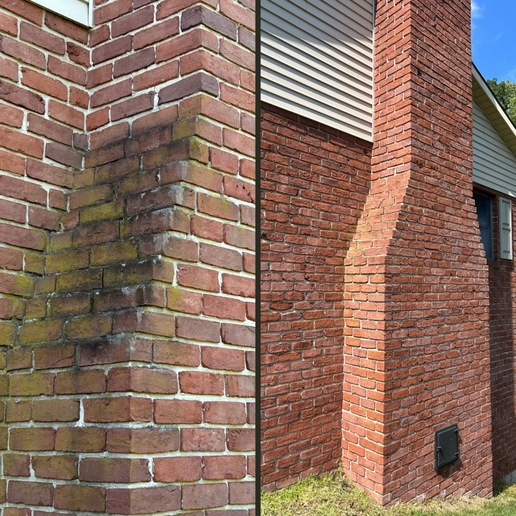Before and after of a brick chimney cleaned, showing dark algae growth removed from one side.