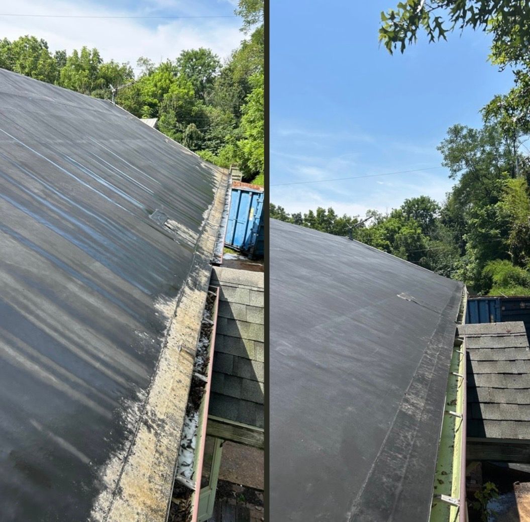 A before and after picture of a roof with trees in the background.