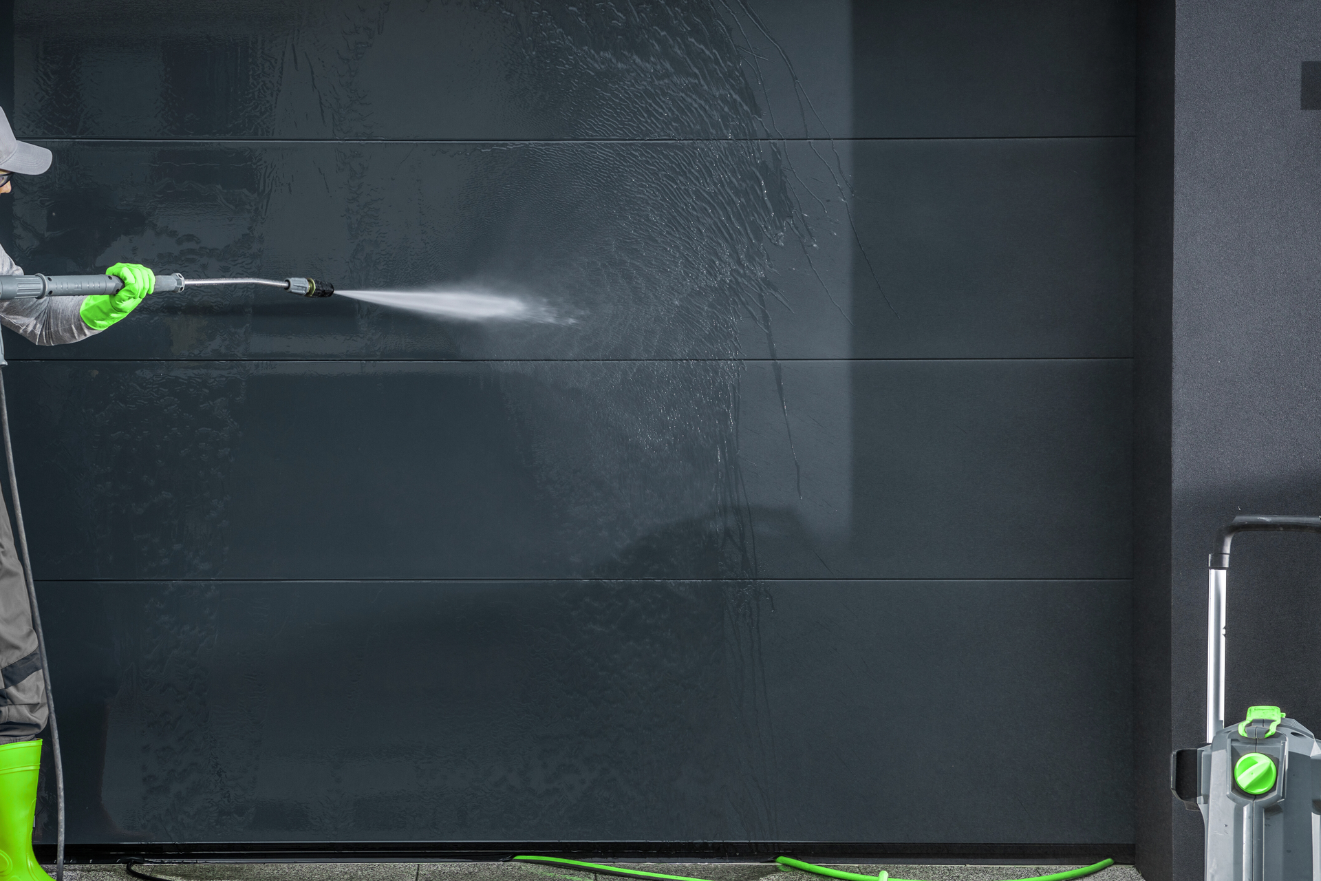 A man is using a high pressure washer to clean a garage door.