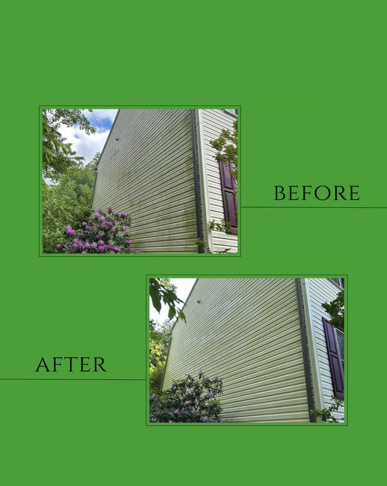 A before and after picture of a house with a green background.