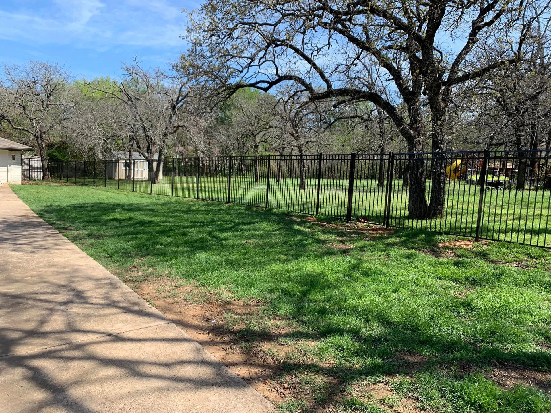 Grassy area with a metal fence and trees under a blue sky. Sidewalk on the left.