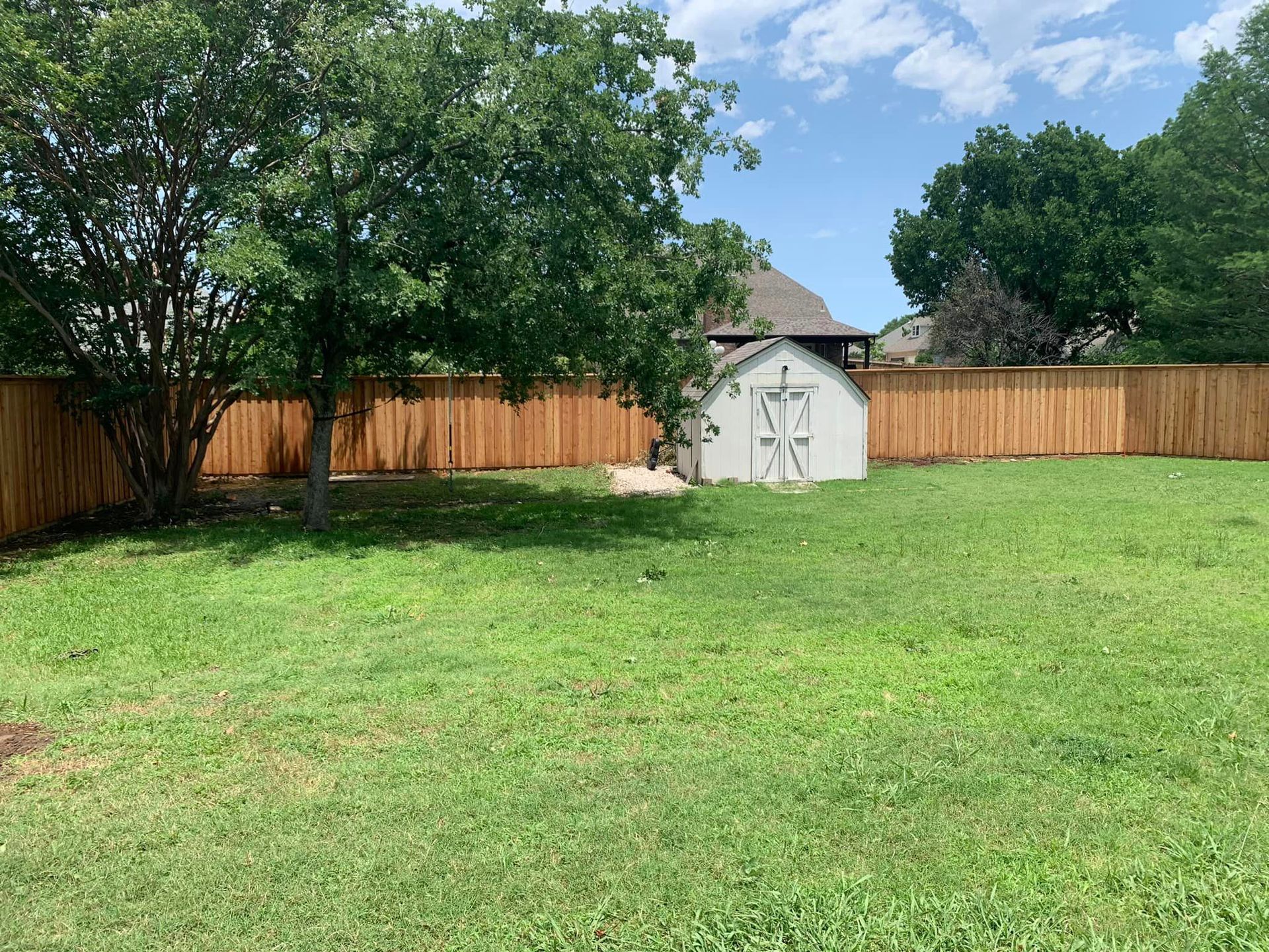 Backyard with wooden fence, small shed, green grass, and trees under a blue sky.