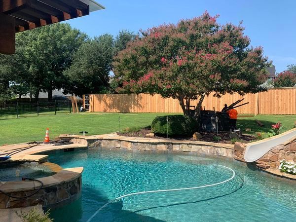 Backyard scene with pool, slide, lush greenery, and a wooden fence under a blue sky.