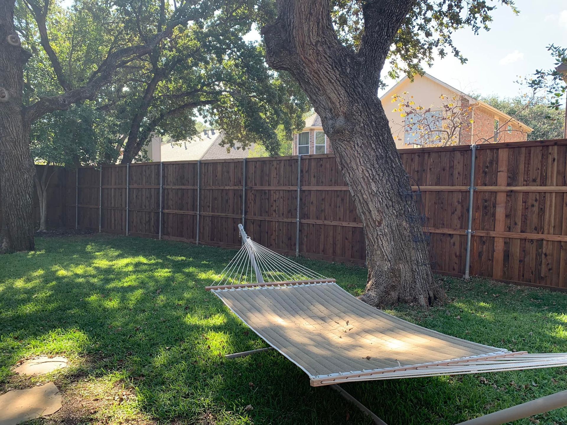 Backyard with a hammock strung between trees. Brown fence lines the back. Green grass and dappled sunlight.