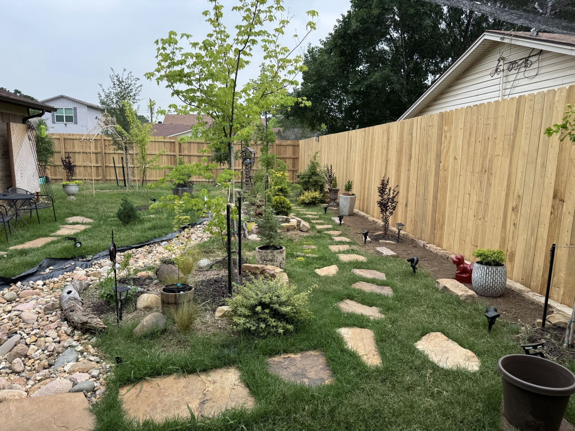 Backyard garden with stone path, wooden fence, and various plants.