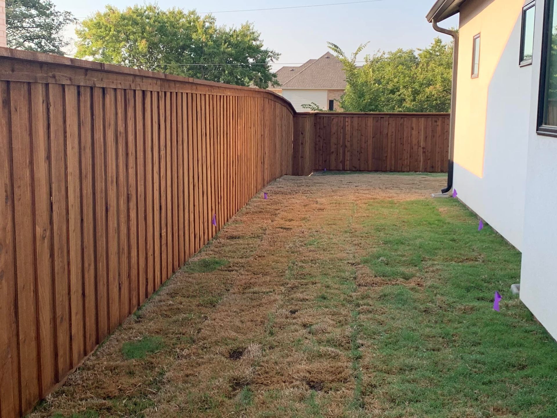 Brown wooden fence curves along a backyard with sparse grass next to a white house.
