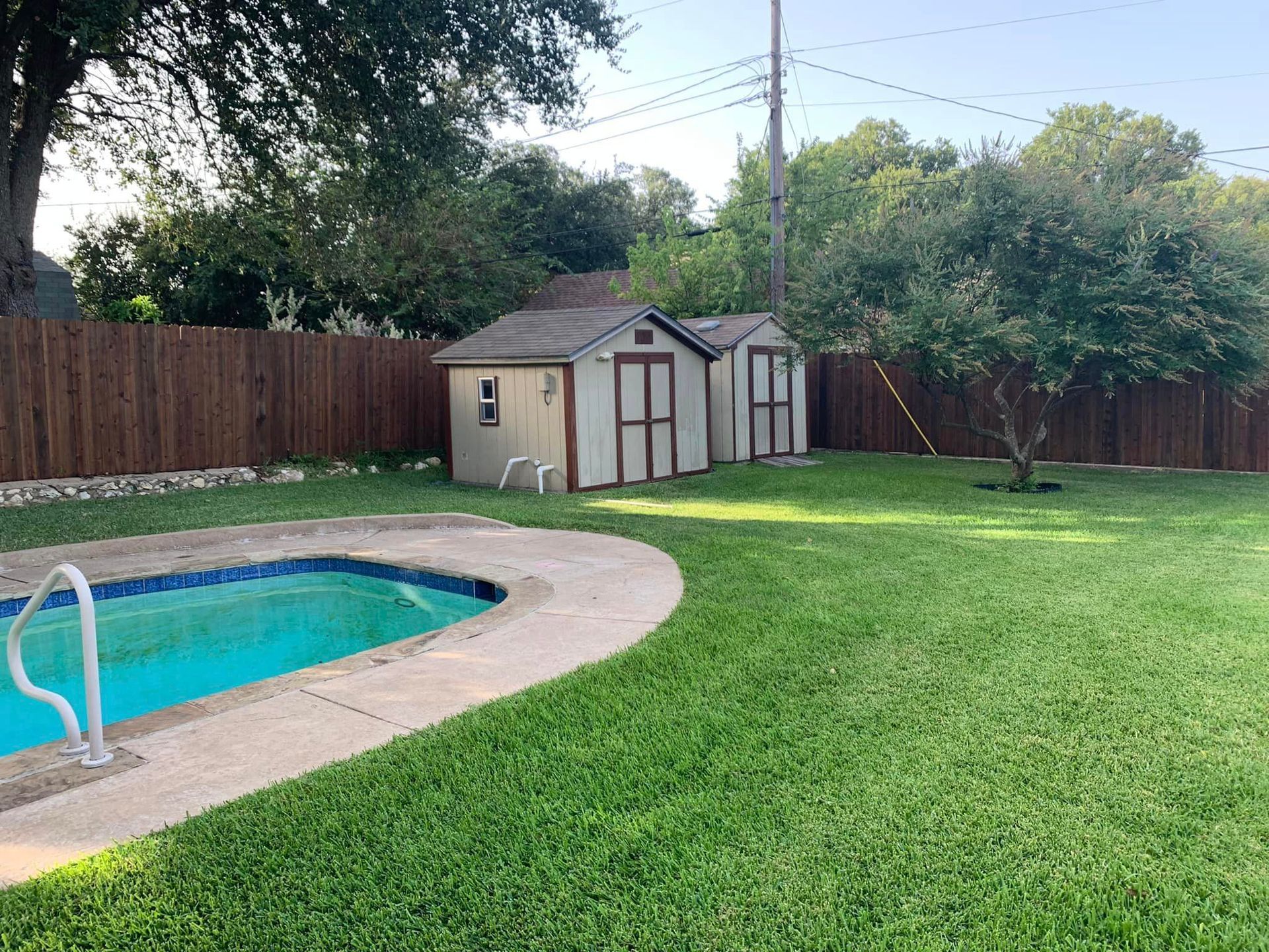 Backyard with pool, sheds, and green grass surrounded by a brown fence.