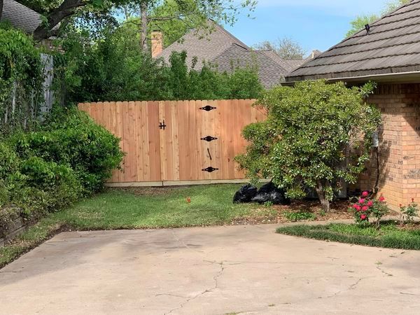 Wooden fence with gate in a yard. Green bushes and grass surround the fence.
