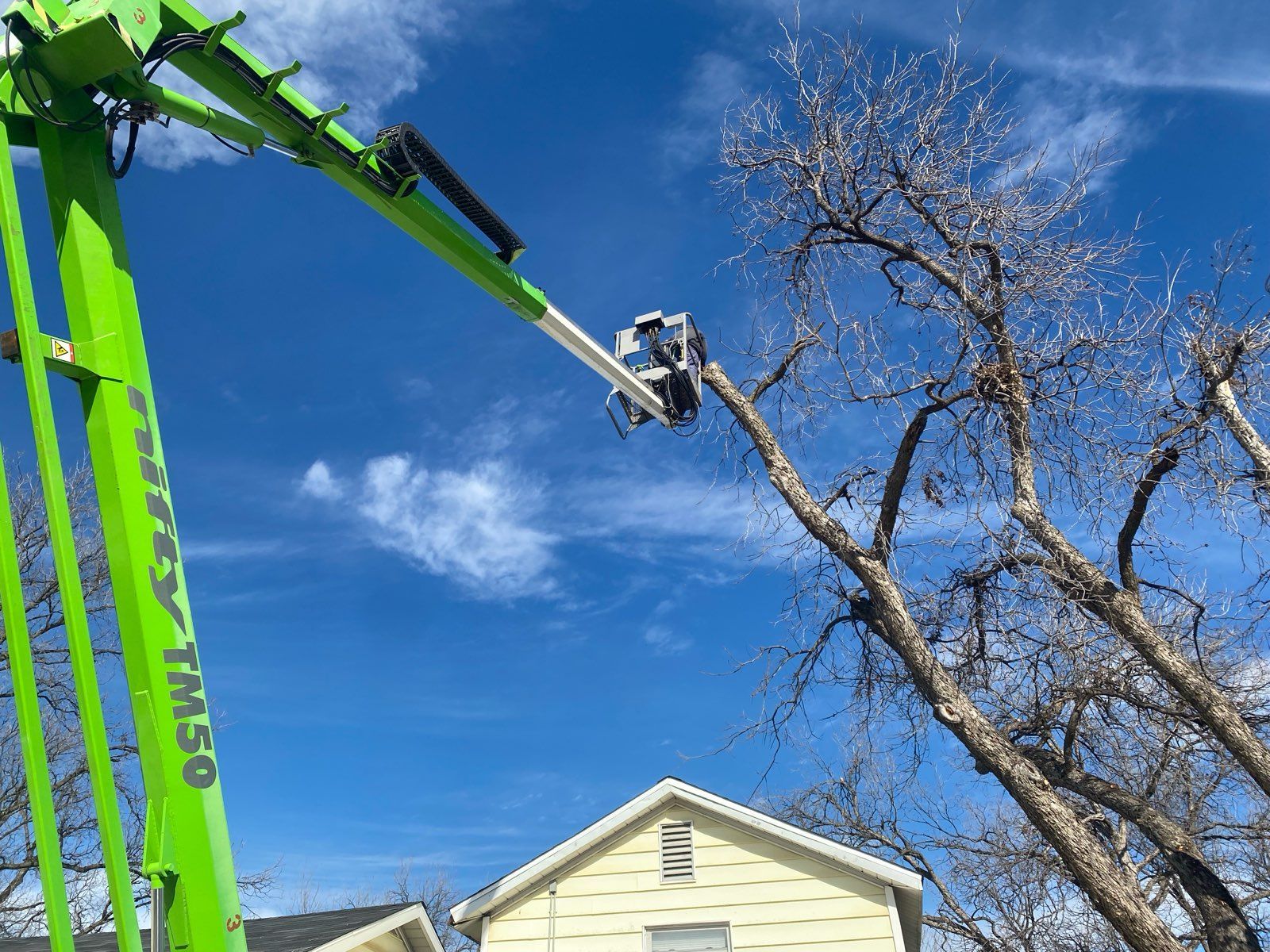A bright green hydraulic lift arm reaching into the branches of a bare tree above a yellow house against a blue sky.
