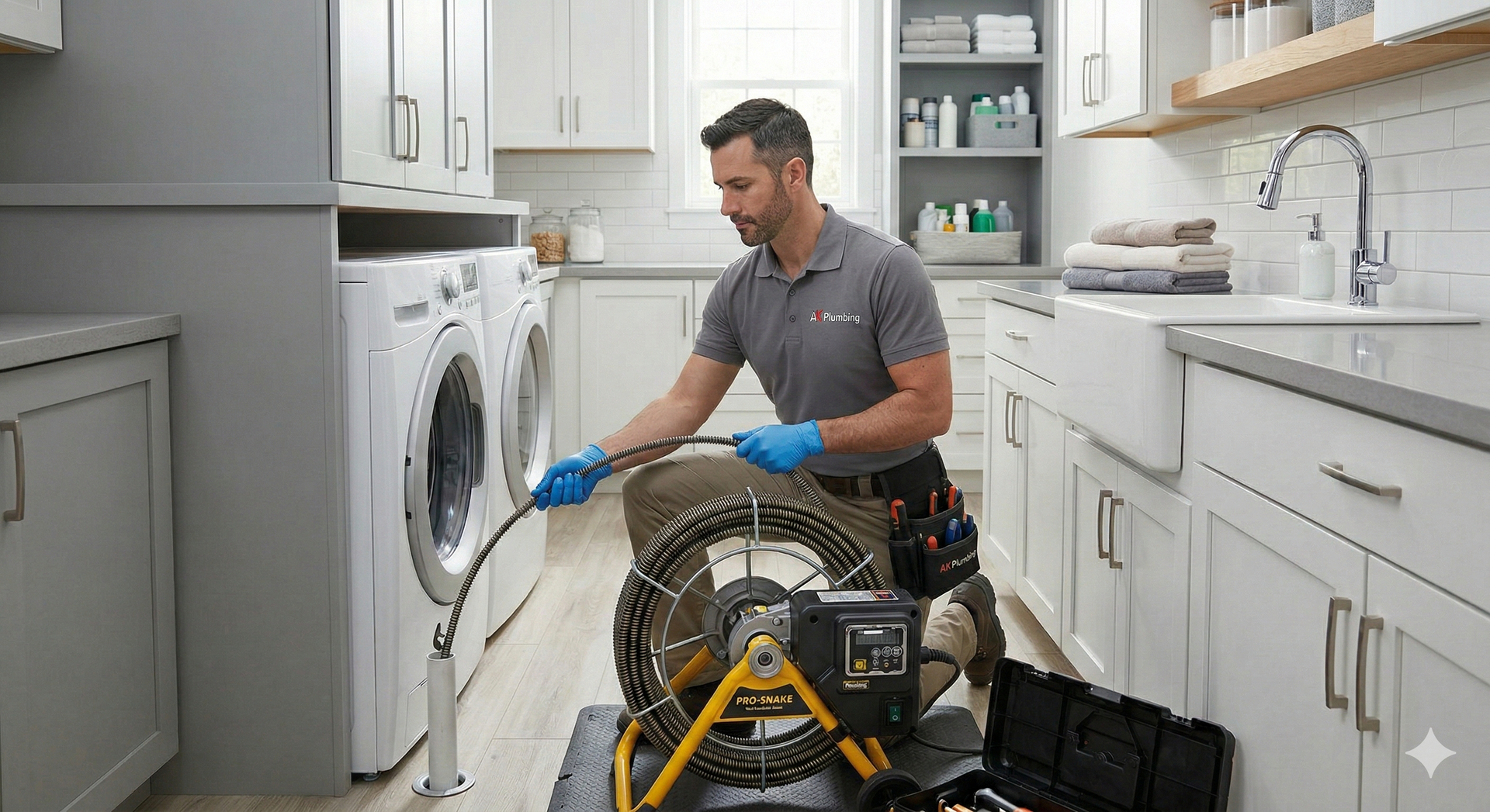 Plumber unclogs a washing machine drain in a laundry room using a drain snake.