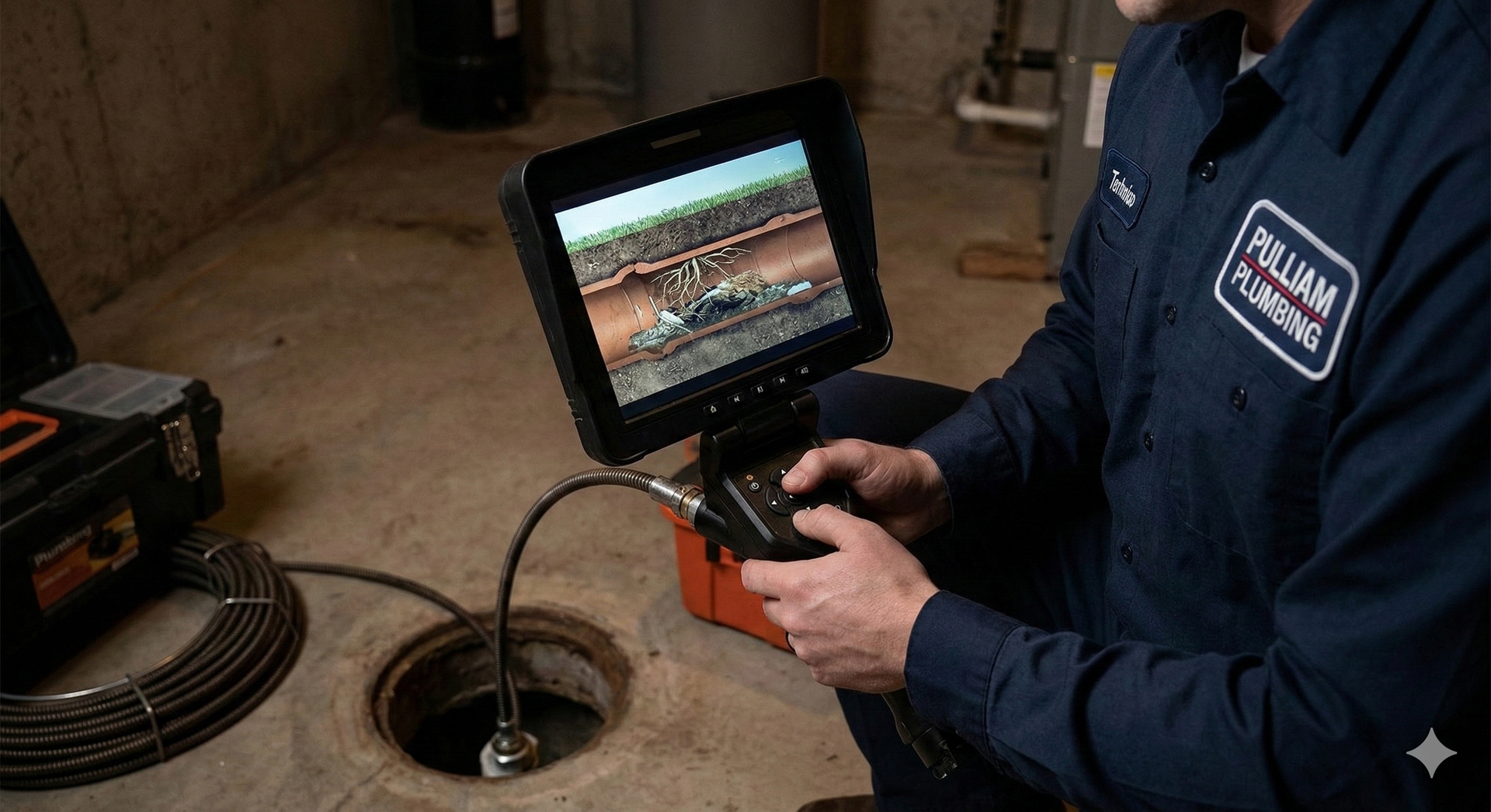 Water heater and copper pipes installed on a garage wall.