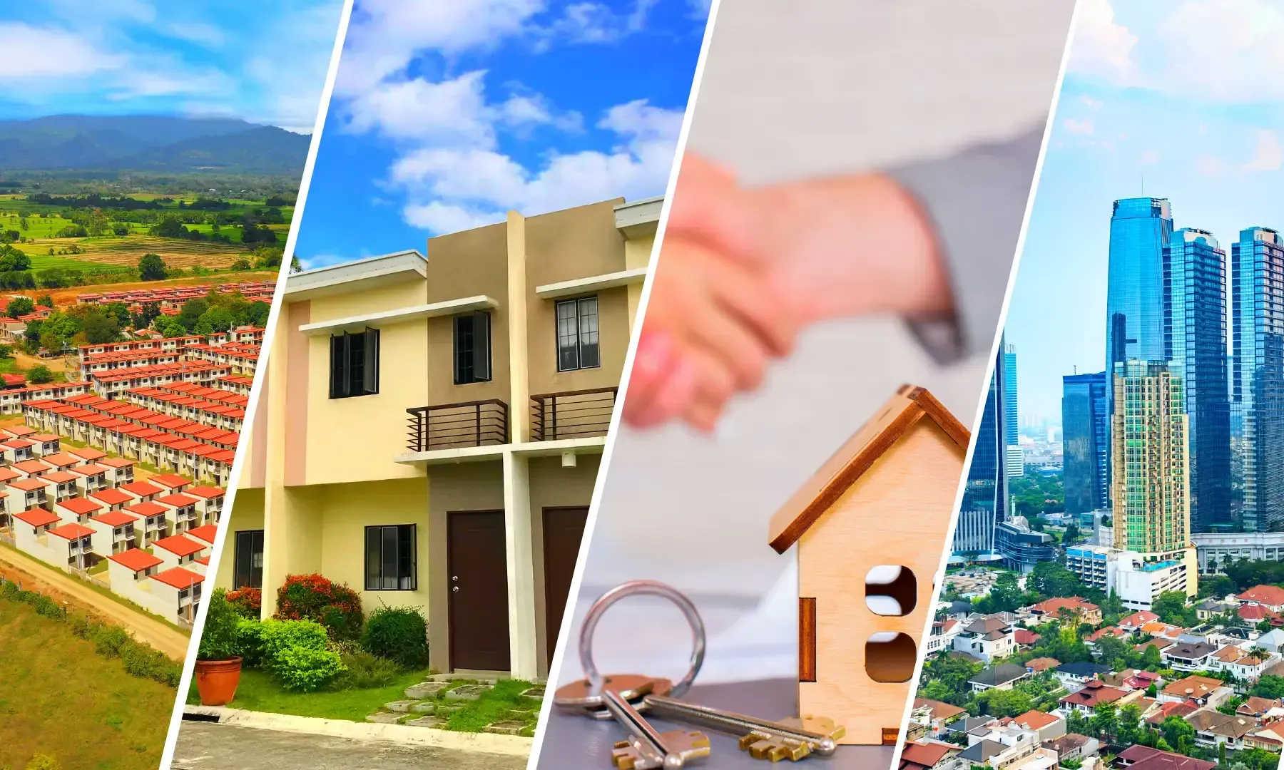 Real estate montage: houses, handshake, keys, city skyline, and landscape.