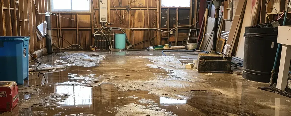 A flooded basement with residual standing water and damage