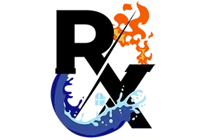 The letter r is surrounded by water and fire