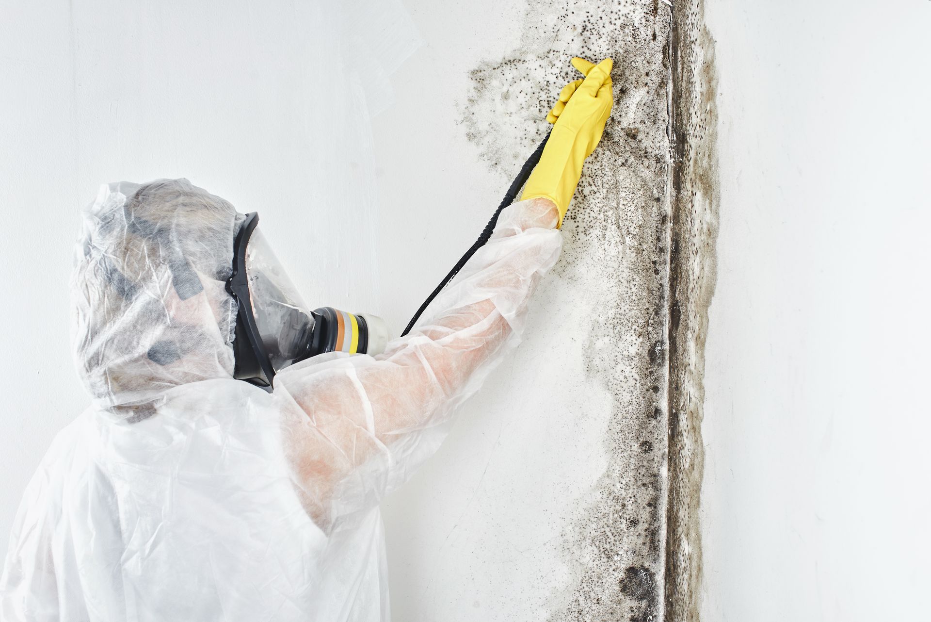 A person in a protective suit is cleaning a wall with a spray bottle.