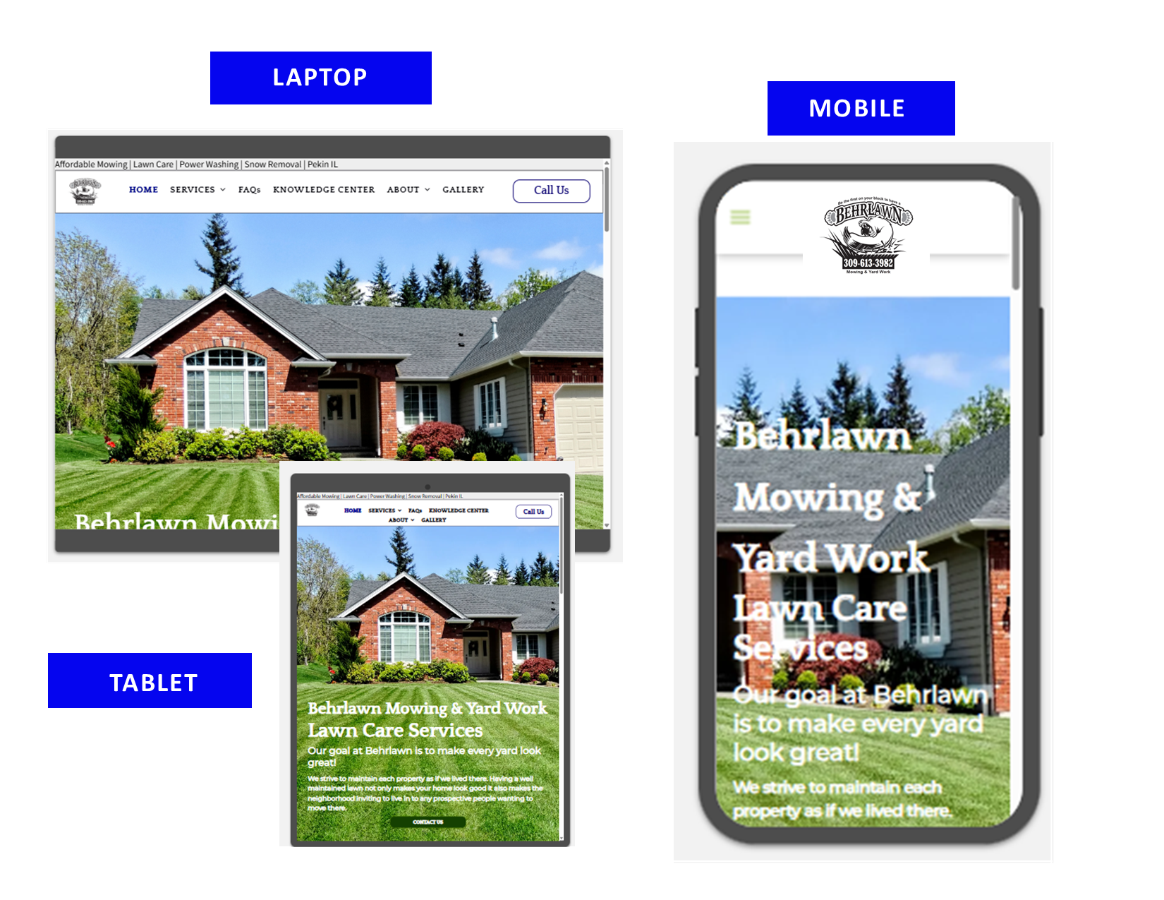 Behrlawn Website display on laptop, tablet, and mobile showing a lawn care service.