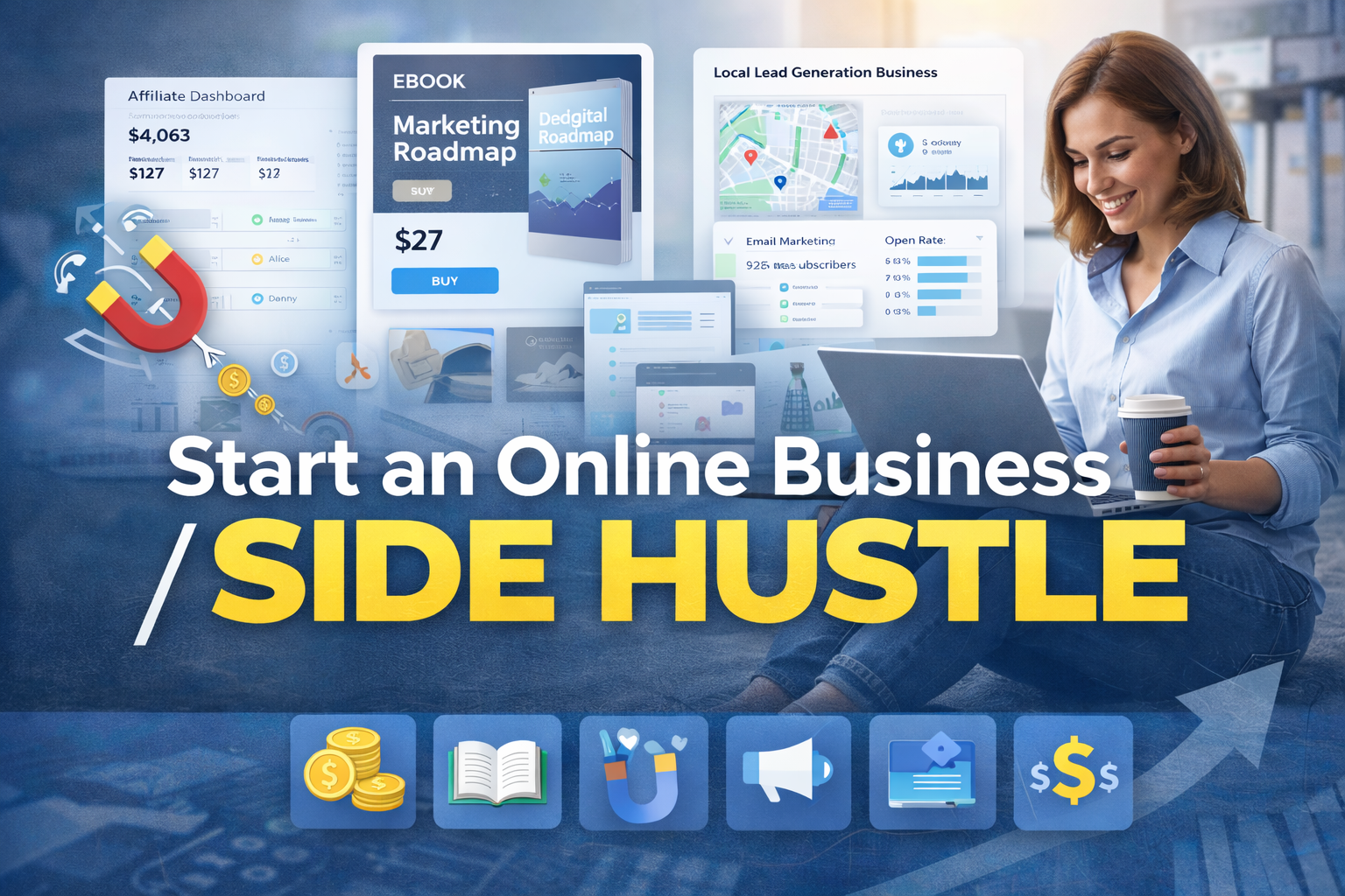 Woman with laptop, smiling, advertising online business/side hustle. Includes graphics of charts, a book, and money.
