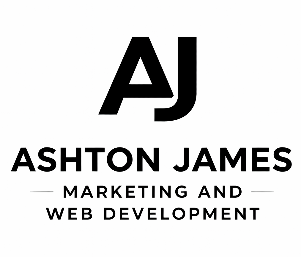 Black and white Ashton James logo: 