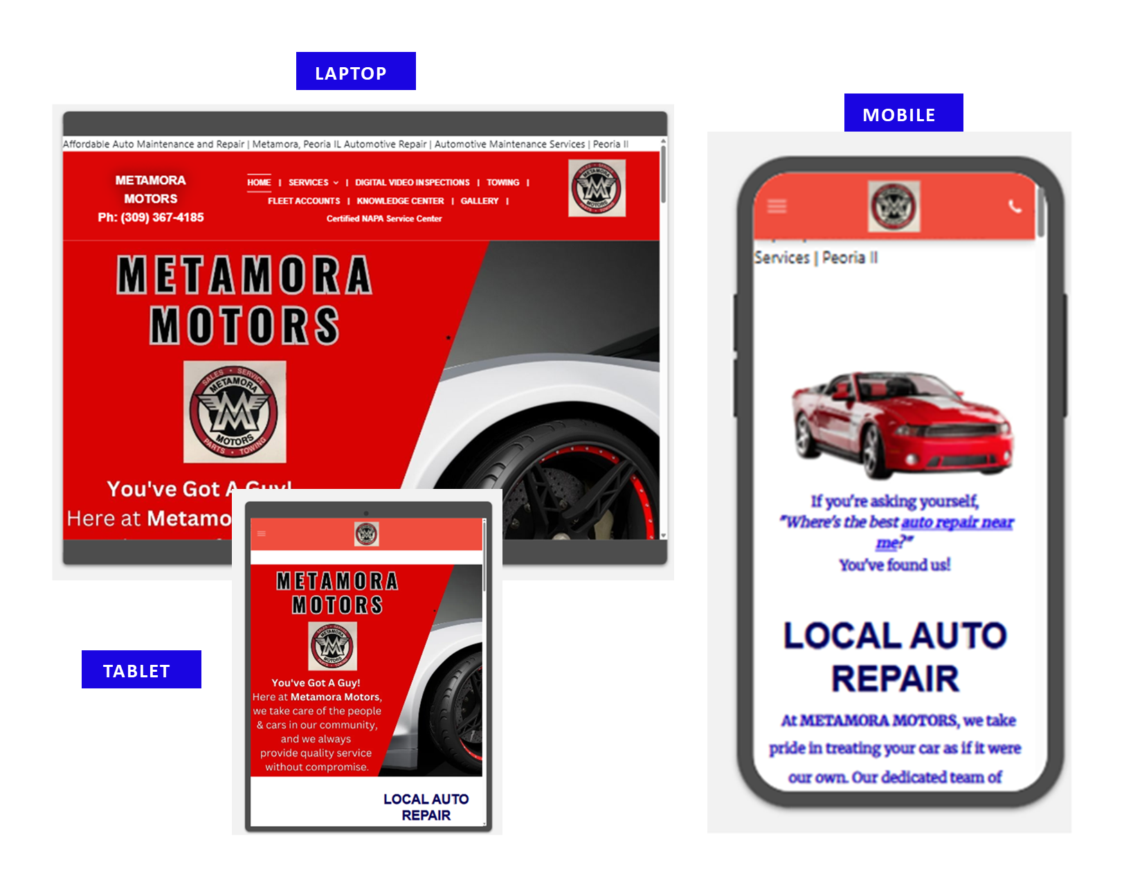 Metamora Motors website design, showcasing the auto repair service on laptop, tablet, and mobile, in red and white.