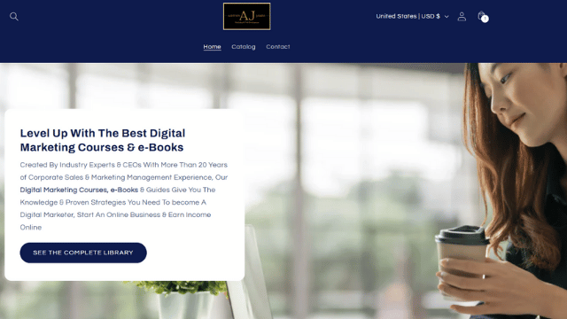 Website header with a digital marketing courses promotion, featuring a woman working on a laptop with a coffee.