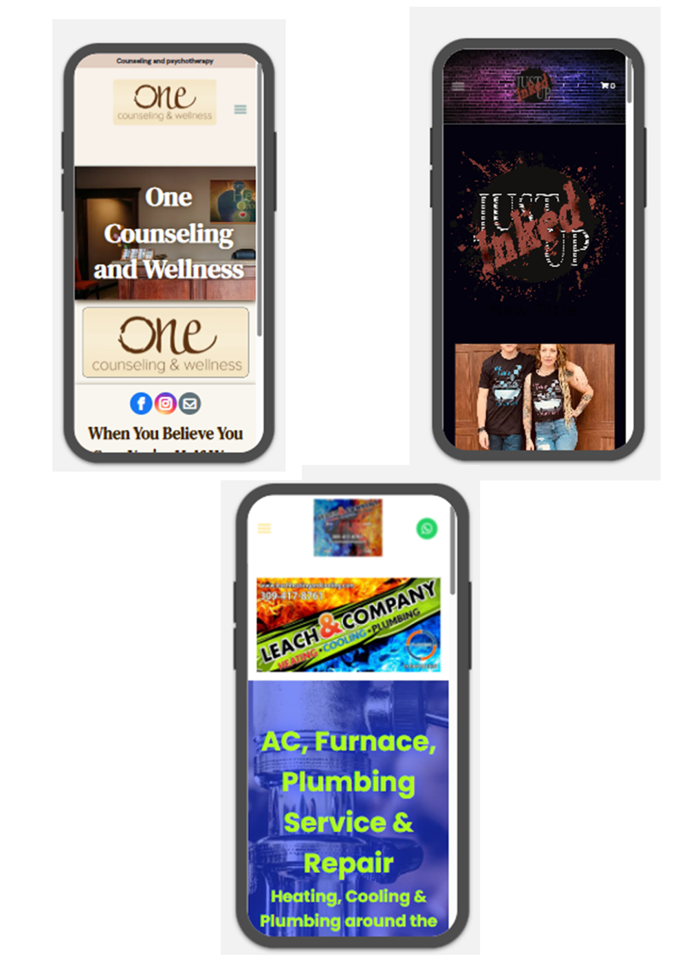 Three smartphones displaying different websites: Counseling, Clothing, and HVAC services.