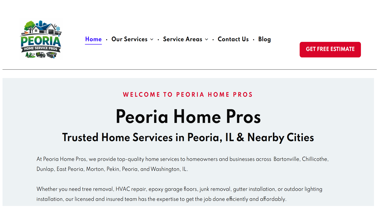 Header of the Peoria Home Pros website, featuring their logo, navigation menu, and a 
