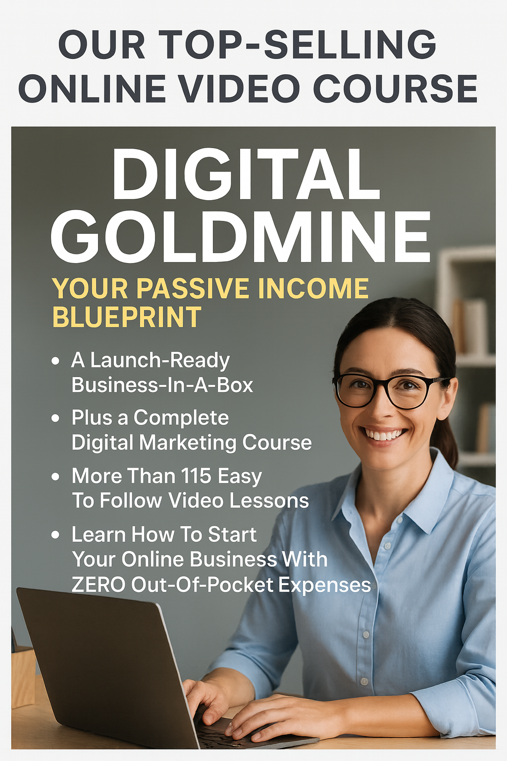 Woman smiling at a laptop, promoting an online video course about passive income and digital marketing.