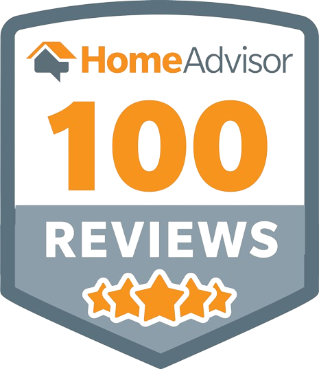 A home advisor 100 reviews badge with three stars on it.