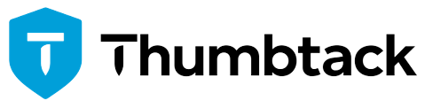 A logo for thumbtack with a blue shield on a white background.