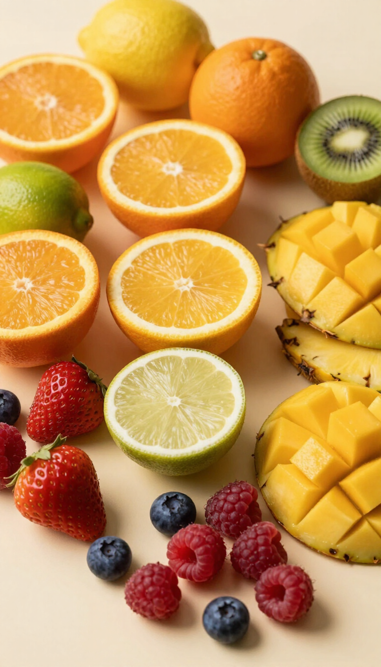 Fresh fruit ingredients on a warm cream surface