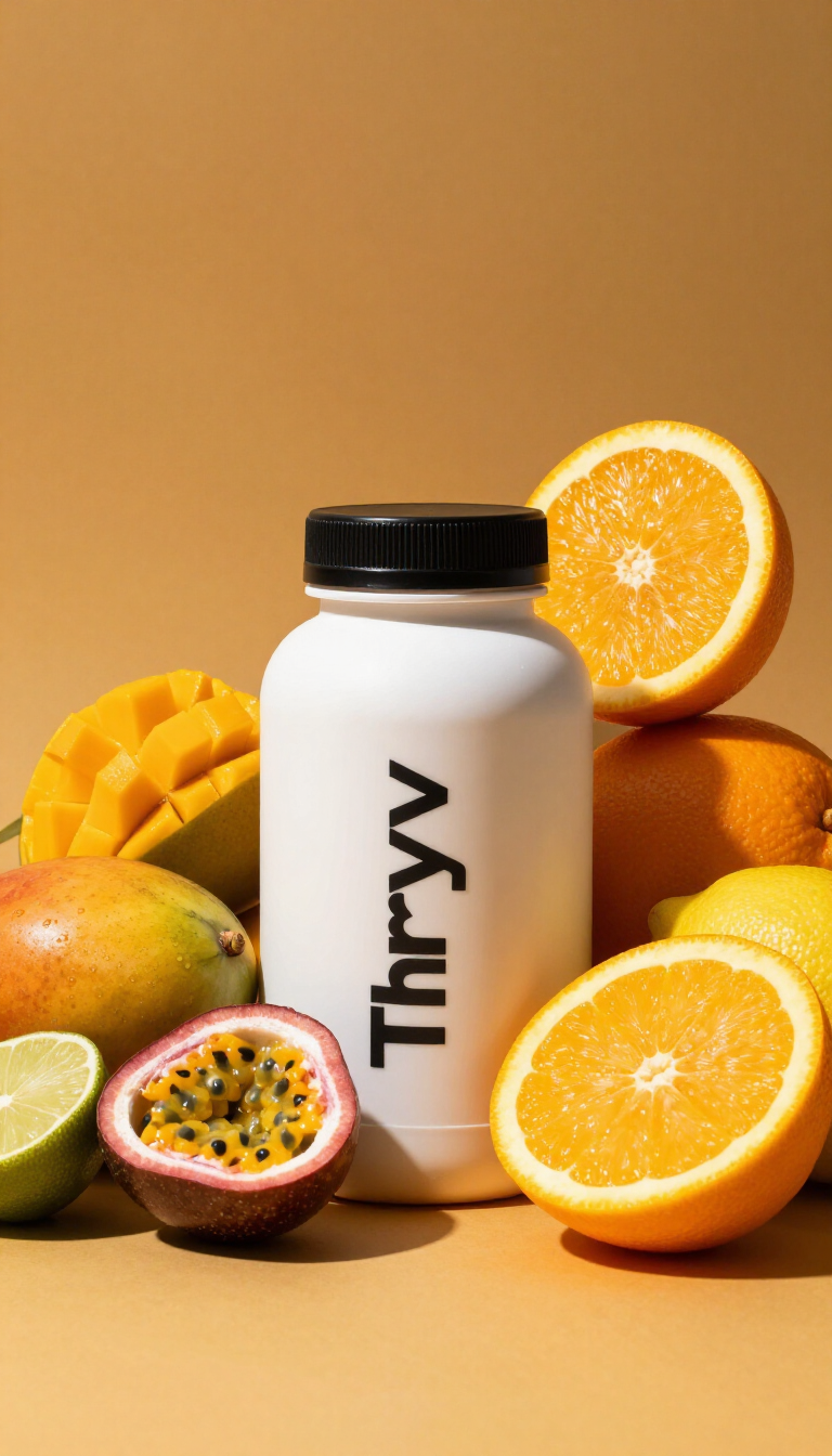 Thryv protein bottle with fresh tropical fruit