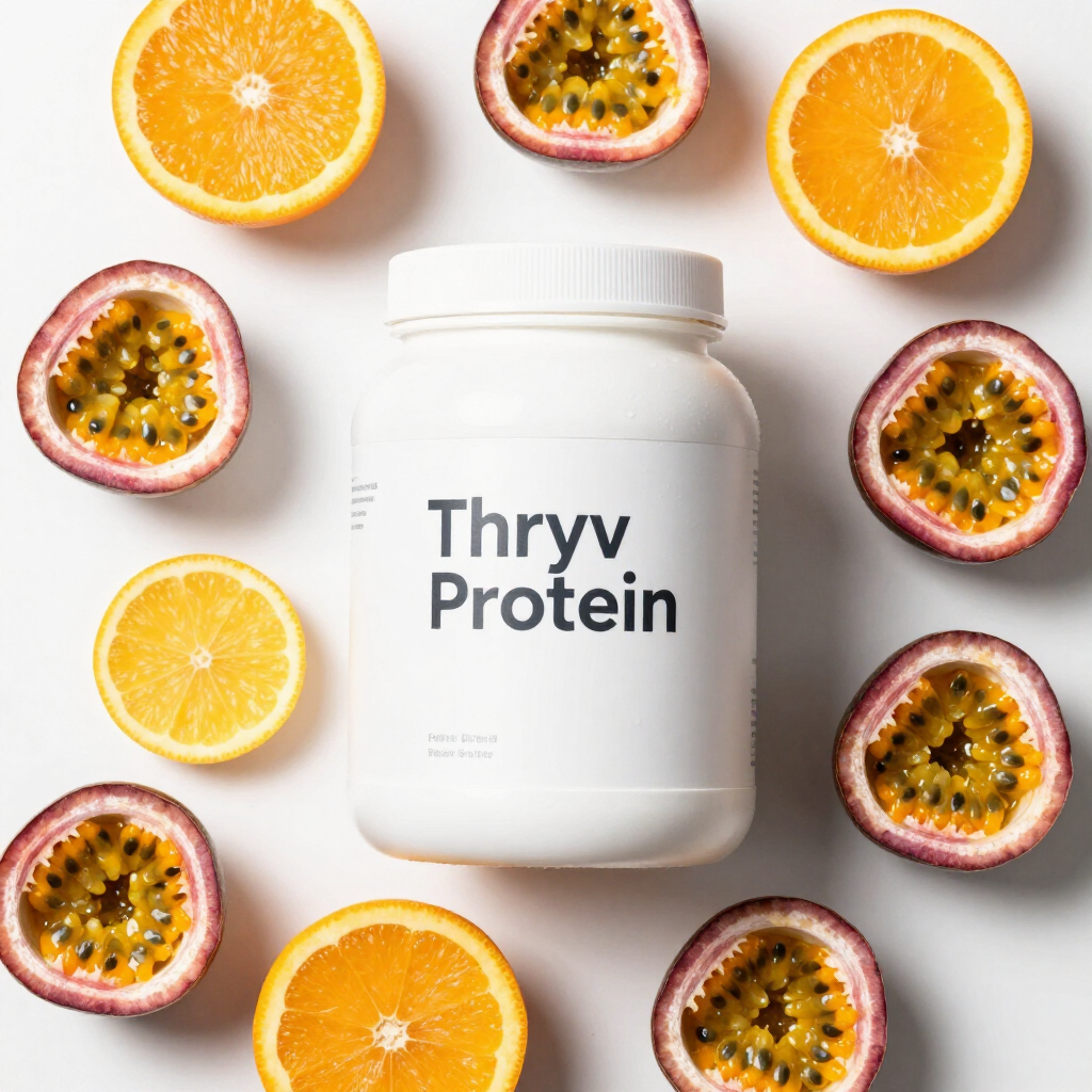 Fresh citrus and passion fruit ingredients with Thryv protein container
