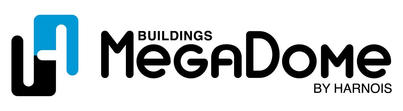 A logo for buildings megadome by harnois on a white background.