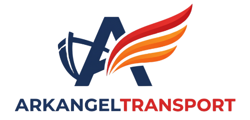 Arkangel Transport logo with stylized blue “A” and orange-red wing above the company name
