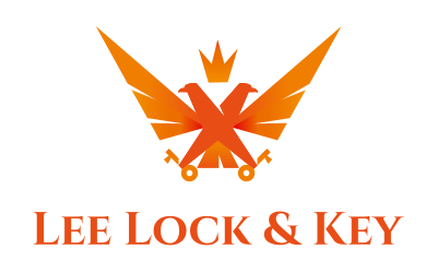 Orange logo with two-headed eagle, crown, keys, and "LEE LOCK & KEY" text.