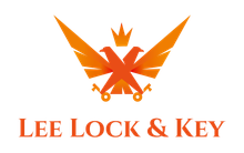 Orange logo with two-headed eagle, crown, keys, and "LEE LOCK & KEY" text.
