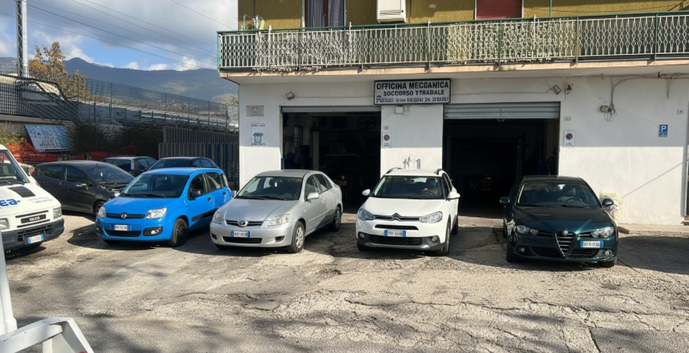 Auto parcheggiate davanti a un'officina con le porte del garage aperte. Auto blu, argento e bianche in un'ambientazione diurna.