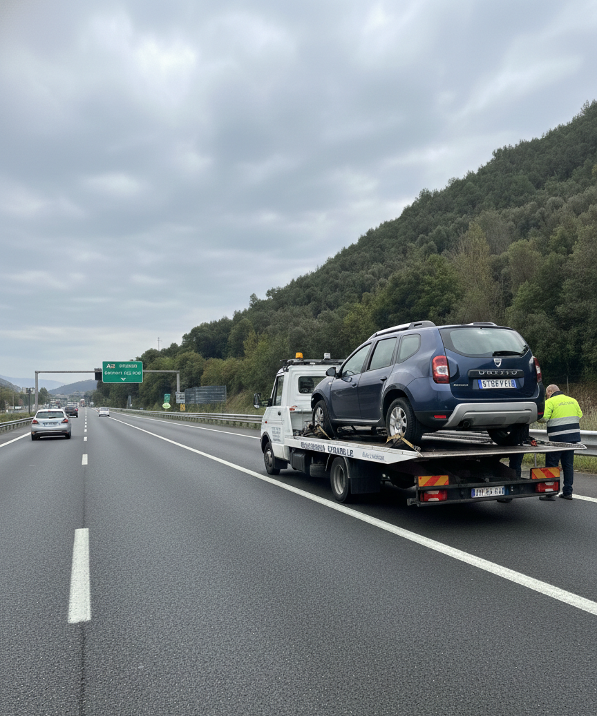 Un SUV blu viene trainato in autostrada. Sono presenti un carro attrezzi e una persona con un giubbotto. Sullo sfondo colline verdi.